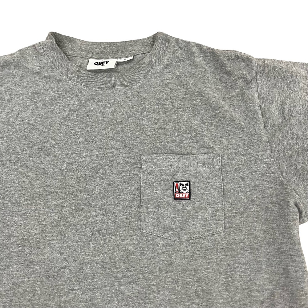 Obey Organic Heather Gray Tee Front Pocket Logo Streetwear Skater Crewneck